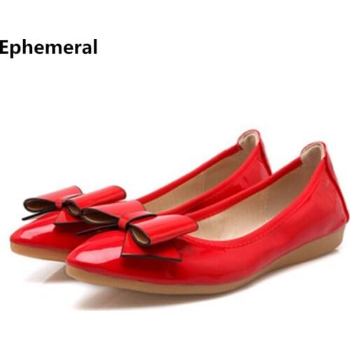 Ladies Patent Leather Bow Flats Ballet For Dancing Driving Soft Loafers Party Shoes Red White Super Plus Size 45 3 9 2018 Newest