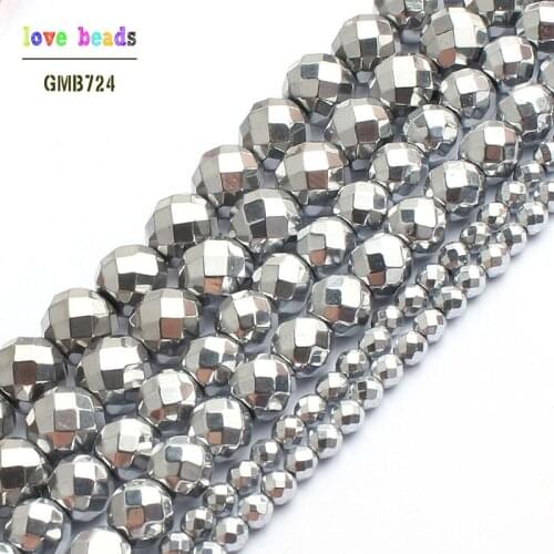 Natural Silver-Plated Faceted Hematite Stone Beads For Jewelry Making 15 inches 2/3/4/6/8/10mm Round Spacer Beads Diy Jewelry