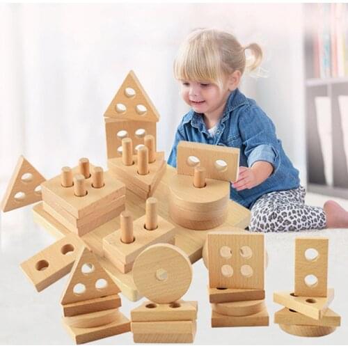 2020 New 1 Set Kids Wooden Stacking Blocks Geometric Shape Blocks Early Education Toy for Baby