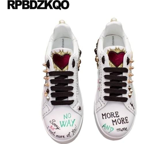 Designer Shoes China Trainers Flats Stud Embroidered Sneakers Rivet Real Leather Women White Metal Italian Embroidery Crystal