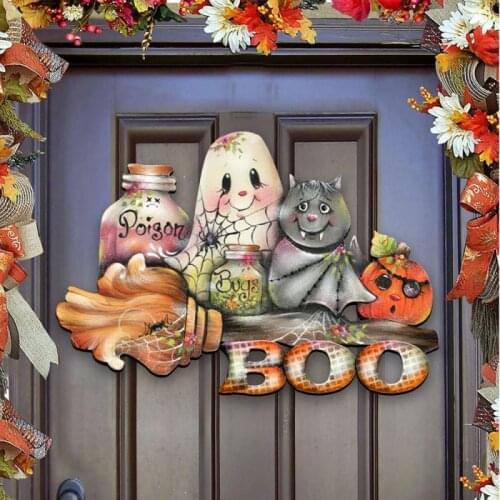 Home Decor Halloween Wood Sign Pumpkin Shape Wooden Plaque Trick Or Treat Hanging Sign Ghost Castle Witch Home Wall Decor Gift