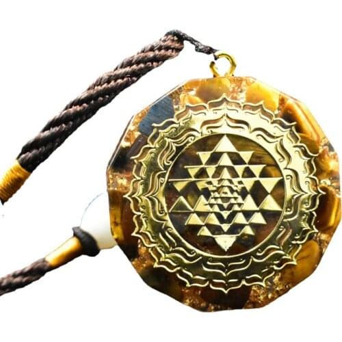FYSL Light Yellow Gold Color Orgonite Tiger Eye Stone and Resin Round Pendant Rope Chain Necklace Spiritual Jewelry