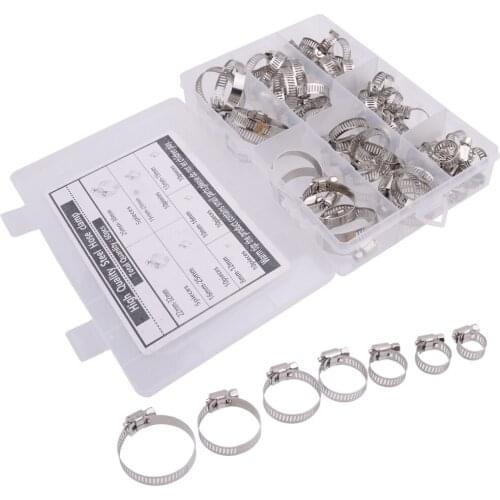 60pcs/set Car Silver 7-Size Stainless Steel Clamp Assortment Hoop Hose Clamps w/ Box for Fuel Line/Worm Gear Hoses