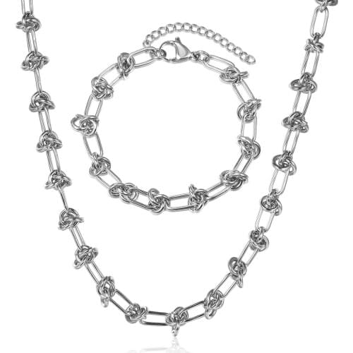 Trend Silver Color Stainless Steel Jewelry Set For Men Women Knot Link Chain Bracelet Necklace Sets 2pcs DS21