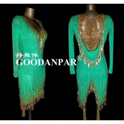 GOODANPAR costume Latin Dance Competition Dress Women with bodysuit bra cups Salsa Sexy lace beads tube fringes green