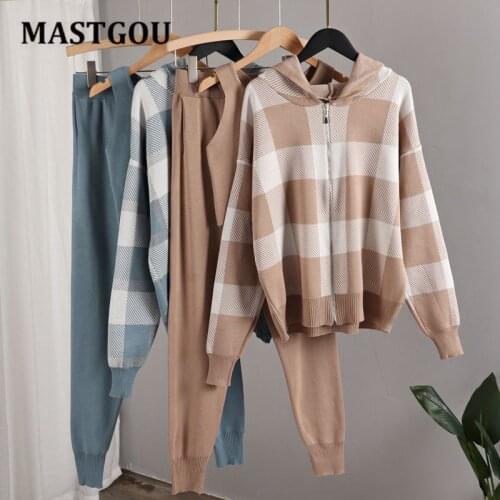 MASTGOU 3 Piece Sets Womens Tracksuits Winter Zipper Hooded Cardigan Sweaters + Tank Top + Knit Harem Pants Sport Suits Outfits