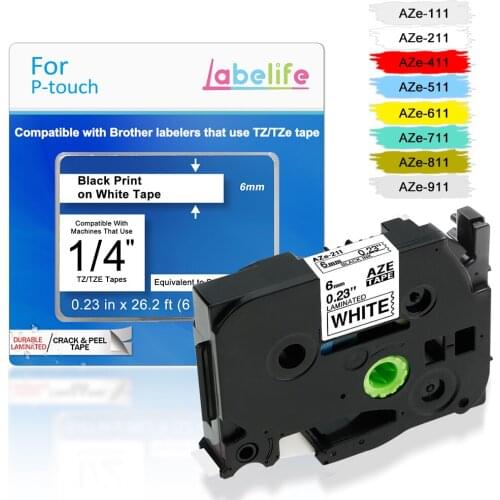 Labelife 6mm tze211 Tape TZe-211 TZe211 TZ211 TZe 211 Compatible With Brother P-Touch Label Maker Black on White Printer Ribbons