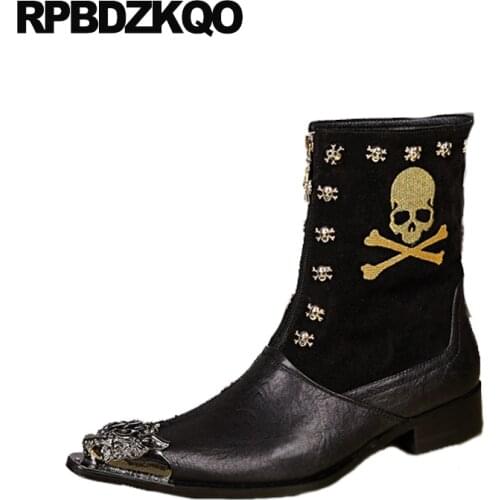 Pattern full grain leather ankle embroidered skull italian black metalic boots designer shoes men high quality pointed toe suede