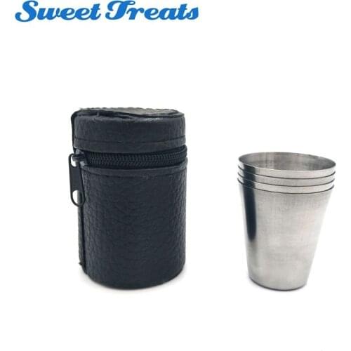 Sweettreats Set of 4 Stainless Steel Shot Cups Drinking Vessel with Black Leather Carrying Case