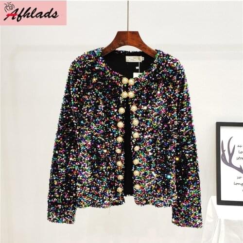 2019 Winter New Korean Sequin Embroidery Long-Sleeved Slim Cardigan Double-Breasted Fashion Short Suit Jacket Coats Female