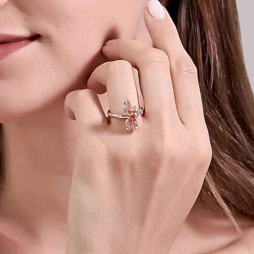 Hollow Carving Butterfly Insect White Rhinestone 3D Golden Rose Gold Copper Open Rings for Women