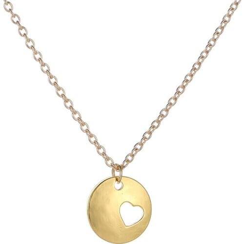 Simple Designed Hollow Heart Shape Metallic Circle Pendant Thin Chain Golden Necklaces For Women