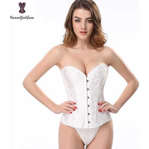 Simple Corset Steel Boned Overbust Korset Gothic Jacquard Floral White Black Gorset Waist Slimming Outfit Bustier Corsets Panty
