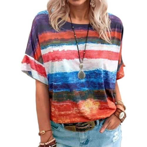 Plus Size Womens Fashion Loose Casual stripe Floral print short sleeves Round Neck Gradient Print Summer Shirt Top