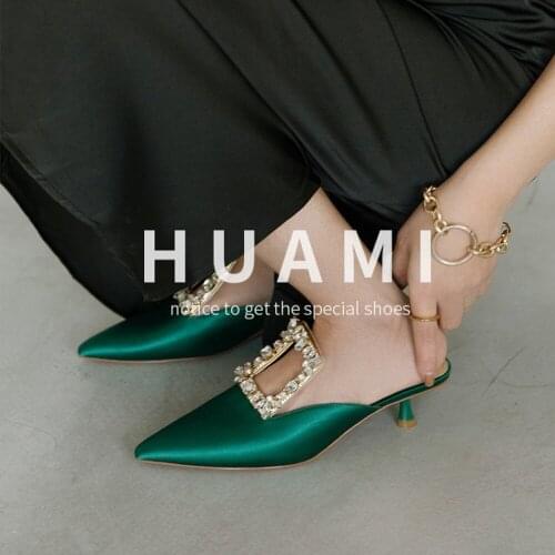 Womens Pointy Toe Rhinestones Buckle Silk Satin Stilettos High Heel Slipper Mules Shoes Slides Sandals 3Colors New 2021