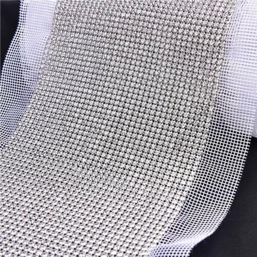Ss12 36Rows Clear Crystal Rhinestone Mesh Trimming Sew On Claw Stone Chain 1Yards Silver Base White Fabric Diy Lace Decorations