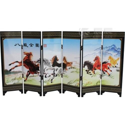 Exquisite Chinese Classical Lacquer Painting Decorative Eight Horses Folding Screen