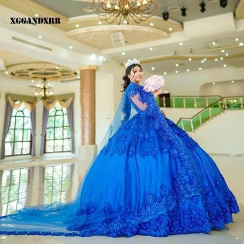 Gorgeous Ball Gown Tulle Quinceanera Dress 2022 Beaded Appliques Flowers Long Royal Blue Sleeveless Sweet 15 16 Party Gown Cape