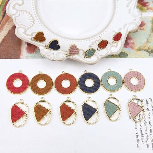 20pcs/Lot DIY Jewelry Findings Gold Tone Alloy PU Fabric Paved Heart Oval Earring Stud Charms Round Circle Oval Pendants