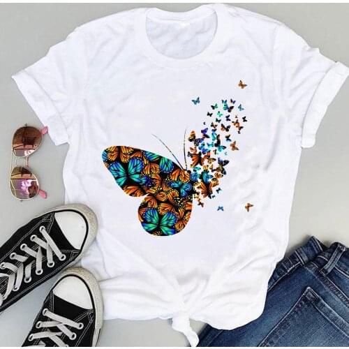 Women Cartoon Butterfly New Cute Clothing Short Sleeve Sweet Summer Fashion Print Lovely Clothes Tops Tees Tshirt T-Shirt