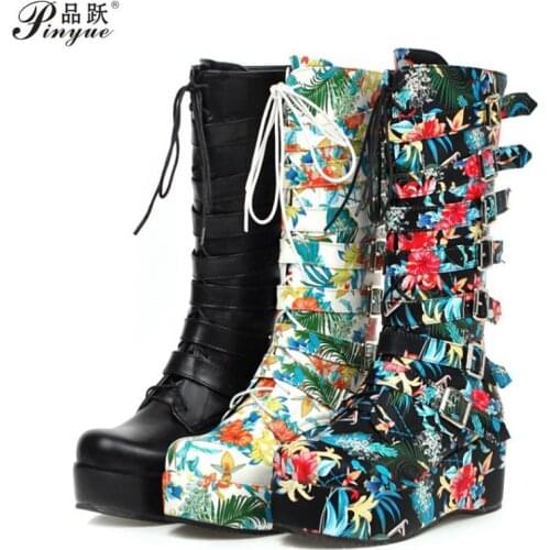 Gothic Punk Womens Platform Boots Black Buckle Strap Lace Up Creeper Wedges Shoes Mid Calf Military Combat Boots