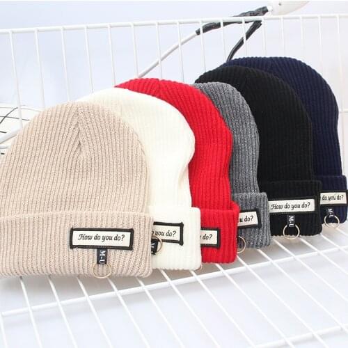 JIAXUN022 Womens Casual Letter Embroidery Patch Acrylic Hip Hop Gorros Knitted Skullies Beanies Cap Winter Girl Lady Knit Hat