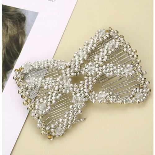 Women Twist Rhombus Beaded Hair Side Combs Stretchable Double Clips Bun Maker