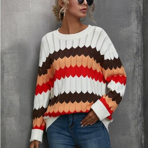 Womens Tunic Sweaters Oversized Casual Long Sleeve Crewneck Zig-Zag Print Knit Pullover Sweater Tops Color Striped Knitted Tops