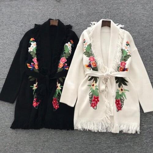 2021SS Spring High Quality Women Flower Embrodery Tassel Cashmere Knitted Cardigans Coat With Belts Female Sweater 2 Color