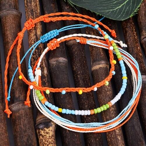 3PCS/1Set Women Girls Anklet Handmade Adjustable Creative Bead Boho Ankle Bracelet Foot Jewelry Colorful Summer Anklet