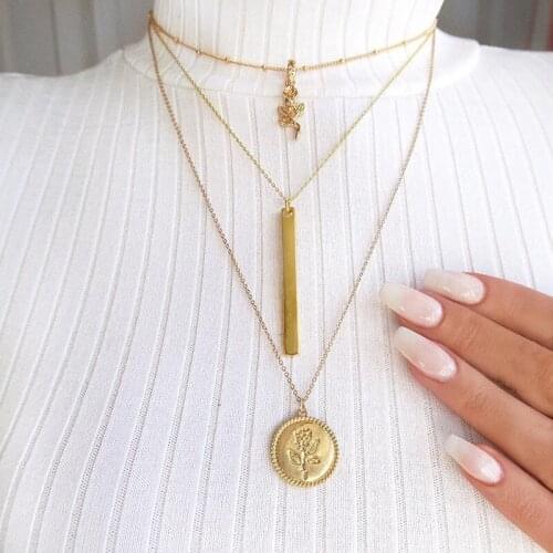 3 Pcs/Set Bohemian Fashion Necklaces Women Retro Flower Geometry Pendant Multilayer Gold Necklace Beach Fashion Jewelry