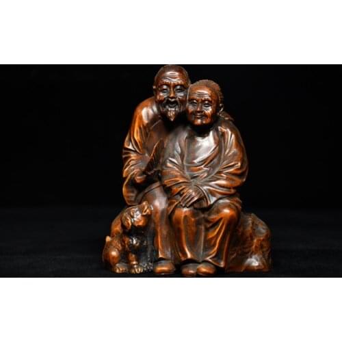 7" China Lucky Seikos Boxwood Grandpa holding hands grandma statue Loving couple To grow old. A hundred years of harmony