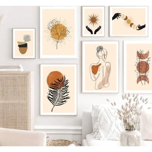 Abstract Line Girl Sun Leaf Vase Geometric Wall Art Canvas Painting Nordic Posters and Prints Wall Picture for Living Room Decor