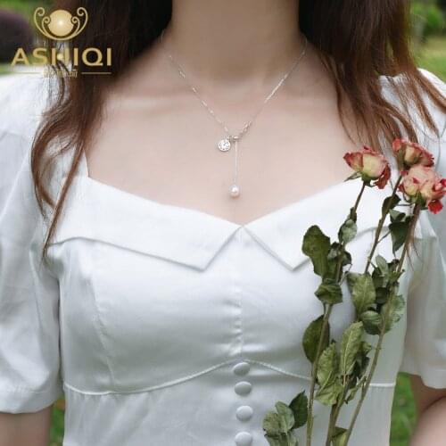 ASHIQI Natural Freshwater Pearl Pendant Necklace 925 Sterling Silver Chain Fashion Jewelry Clavicle Two-wear Gifts for Women