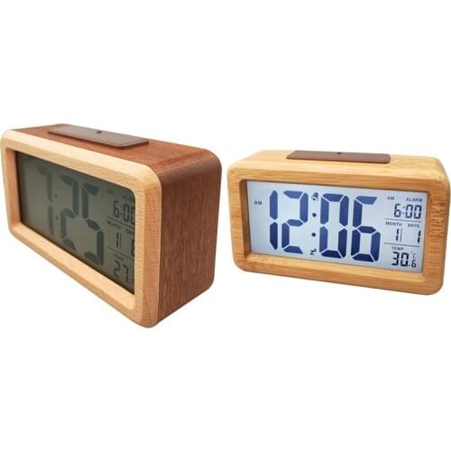 Wooden Digital Alarm Clock,Smart Sensor Night Light with Snooze, Date, Temperature Switchable, Solid Wood Shell