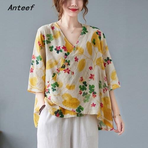 Cotton linen vintage floral casual loose summer tee t shirt women t-shirt ladies tshirt 2021 tops streetwear clothing
