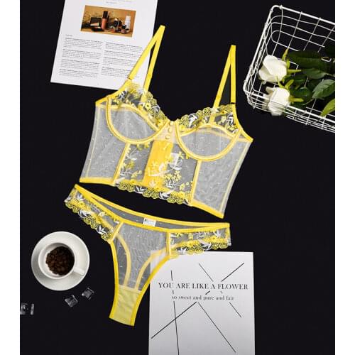 Sexy Lingerie Yellow Floral Bra and Panty Underwear Set See Through Mesh Lingere Robe Flower Embroidery Corset Women Nightwear