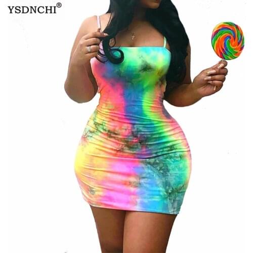 YSDNCHI Short Skinny Women Bodycon Pencil Slip Dress Tie Dye Print Off Shoulder Streetwear Mini Sleeveless Sexy Club
