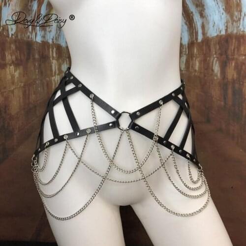 DAVYDAISY Leather Punk Skirts Metal Chain Tassel Belt Bandage Rave Skirts Body Harness Sexy Lingerie Costumes Nightclub PA510