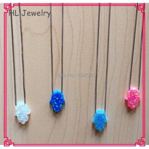 Mix Color White/Blue /Pink Hamsa Hand Pendant 925 Silver Box Chain Hamsa Necklace Lab Opal Hamsa Necklace