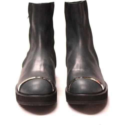 Italy Handmade Men Classic Motor Biker High Top Ankle Boots Nature Leather Punk Hidden Heel Runway Metal Boots Male Shoes