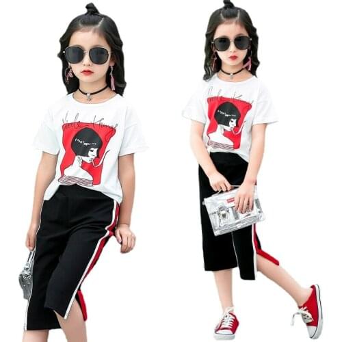 2018 New Girls' Leisure Suits Summer Girls Short T-Shirts+ Seven Pants Two Sets of Summer Sets 3-12 Ages