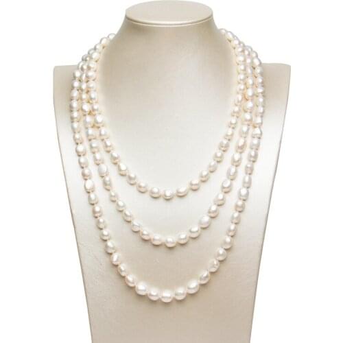 62" 3 Strands 9-11mm Natural White Baroque Pearl Necklace Classic For Women
