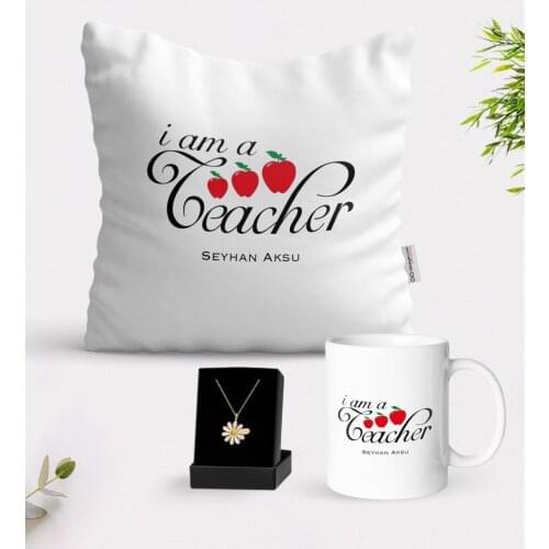Personalized Class Teacher White Mug Cushion and Is Daisy Necklace Gift Seti-6