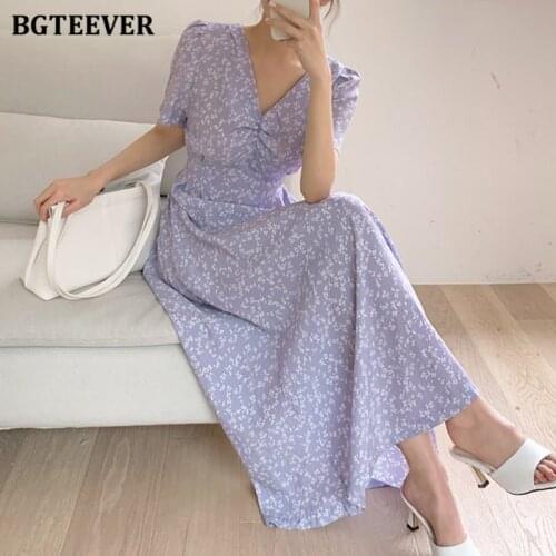 BGTEEVER Elegant Ladies Short Sleeve Floral Chiffon Dress V-neck Slim Waist Lace-up Women Dresses 2021 Summer Vestidos Femme