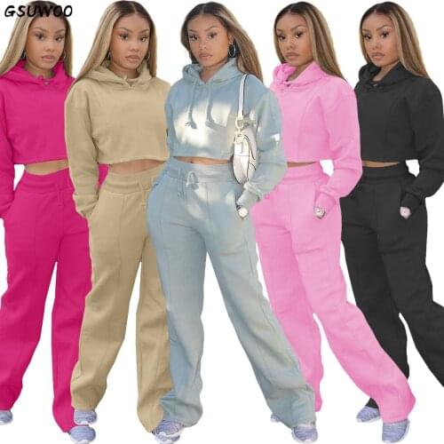Gsuwoo Casual Women Hooded Sweatshirt Wide Leg Pants Two Pieces Set Winter Tracksuit Long Sleeve Pullover Top Trousers Outfits