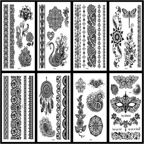 Rocooart Sexy Lace Henna Tattoo Black Ink Taty Waterproof Temporary Tattoo Sticker Jewels Tatuajes Women Body Art Fake Tattoo