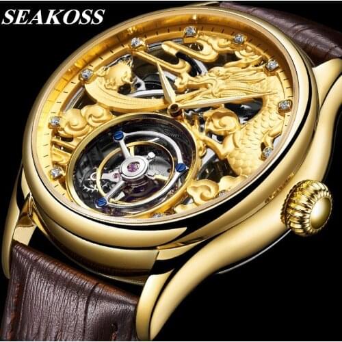 SEAKOSS Zodiac Dragon Skeleton Original Tourbillon Men Watch Sapphire Diamond Clock Mens Mechanical Business Leather Wristwatch