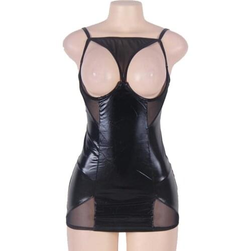 Sexy Latex Look and Mesh Cupless Micro Mini Dress Open Bust Spaghetti Strap Fetish Costume Lingerie Plus Size XXXL