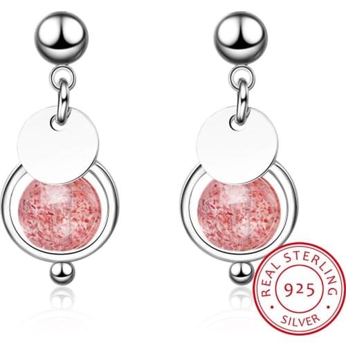 Real 925 Sterling Silver Natural Pink Strawberry Crystal Moonstone Little Coin Tassel Earring For Women Gift Fine Jewelry S-E826